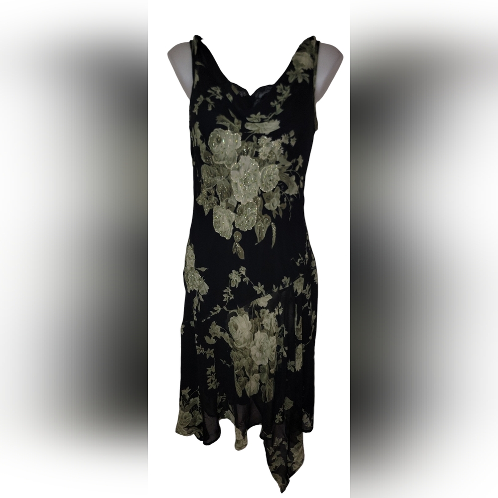 Vtg Y2k Connected Apparel Black Green Boho Asymmetrical Grunge Fairy Goth Dress